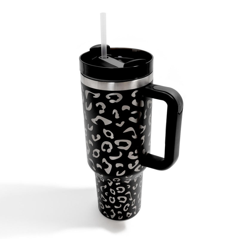 40oz Leopard Engraved Stainless Tumbler w/ Handle