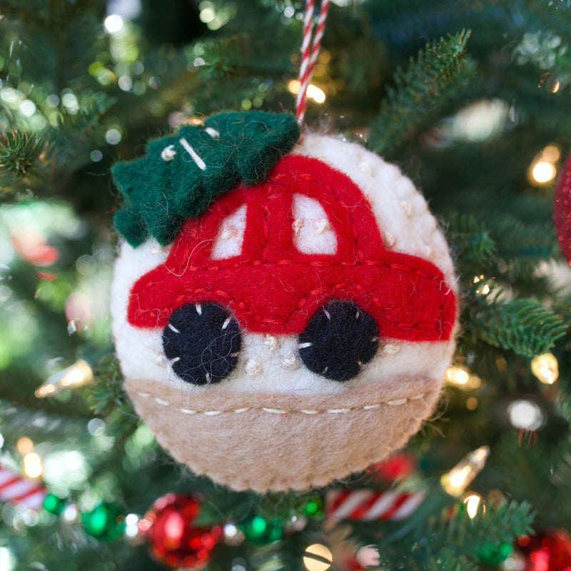 Car with Tree Felt Wool Ornament